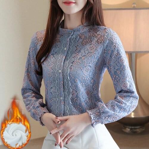 Plus velvet blusas Mujer De Moda Lace Bottoming Blouse Shirts Womens Blouse 2020 Winter thickening Long sleeve Womens Top 856B