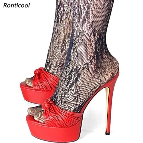 Ronticool New Arrival Women Platform Mules Sandals Slippers Sexy Stiletto Heels Open Toe Elegant Black Club Shoes US Size 5-20