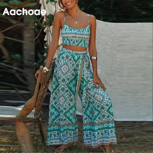 Aachoae Summer Casual Printed 2 Piece Set Women Bohemian Spaghetti Strap Top Bow Tie Wide Leg Pants Holiday Outfits 2021