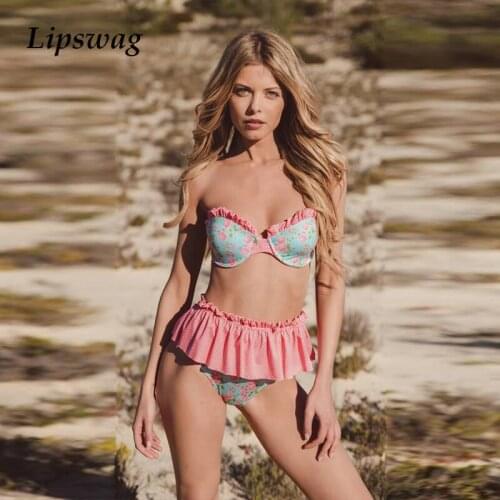 Sexy Two Piece Ruffle Women Triangle Bikini Swimwear Lovely Print Bandage Swimsuit 2021 Push Up Summer Beachwear Bathing Suits