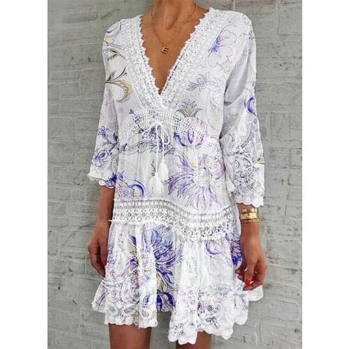 Fashion Lace V Neck Summer Dress Women Three Quarter Sleeve Tassel Party Dress Elegant Floral Print Hollow Out Dresses
