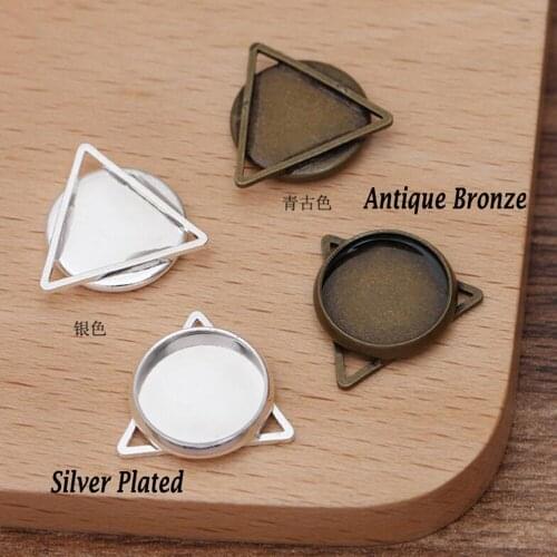 100pcs silver plated antique bronze into 12mm tray 17mm triangle bezel blank pendant base cabochon settings