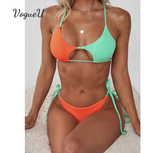 2021 New Sexy Stitching Strappy Swimsuit Womens Bikini Suit Sexy Color Matching Bandage Push Up Brazilian Swimwear Biquini