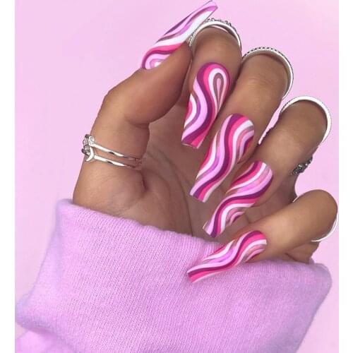 24pcs/Box line series Pink white Color Almond False Nail Fake Nails Full Cover Wavy Newest Style Nail Tips With Press glue