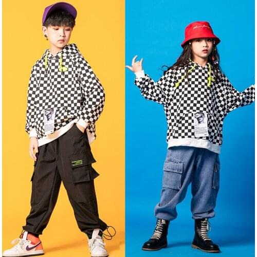 Kids Boys Girls Streetwear Hip Hop Loose Casual Pullover Plaid Hoodie Teenager Children Hooded Sweatshirt