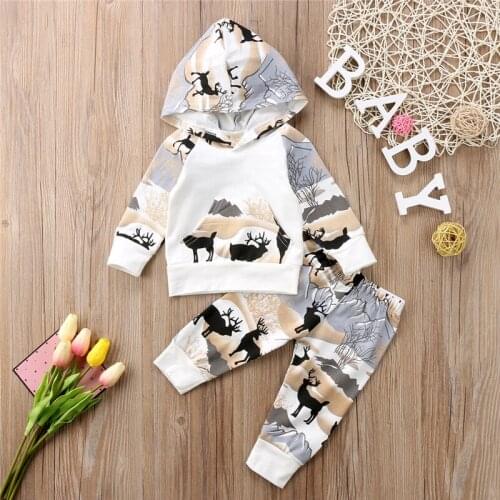 Childrens Deer Head Tree Pocket Sweatshirt Set Baby Boys Deer Hooded Tops Pants Leggings Outfits Set Clothes Autumn Winter