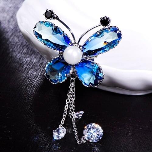 FUNMOR Exquisite Blue Zircon Butterfly Shape Brooch Pins Long Tassel Pendant Women Animal Brooches Wedding Bridegroom Corsage