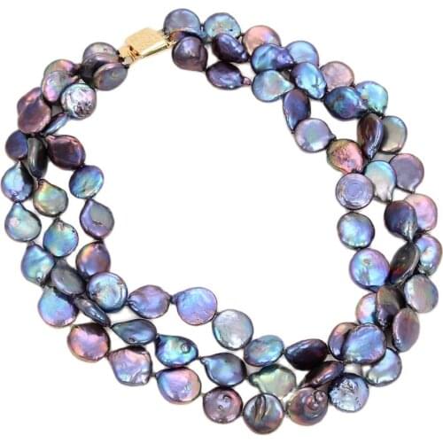 GG Jewelry Beautiful 3 Strands Natural 13MM Black Coin Pearl Necklace