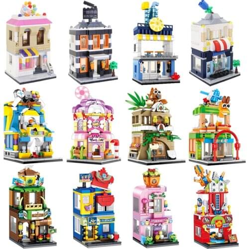 City Architecture Food Shop Retail Store Bricks Street View Restaurant House Set Model Building Blocks Toys For Girl