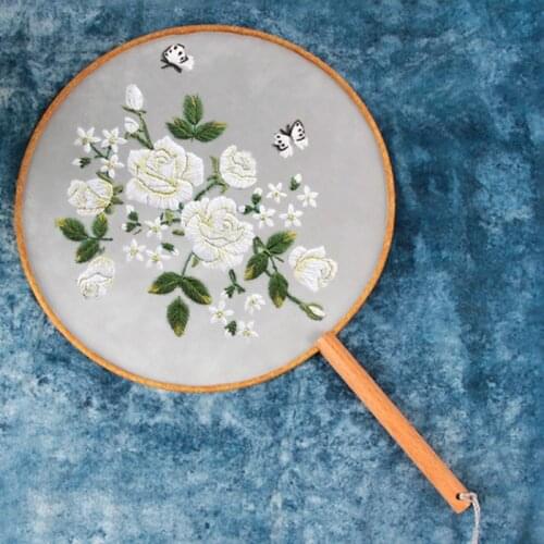 Group Fan Diy Embroidery Classical Cross-stitch White Rose Craftwork Handmade Needlework Chinese Style Needle Minder Accessories