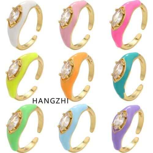 HANGZHI 2021 INES New Eye Zircon Wide Geometric Circle Color Drip Glaze Golden Open Rings for Women Girls Party Travel Jewelry