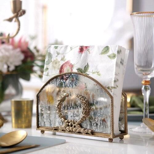 Brass Tissue Box Dining Table Napkin Holder European Retro Carve Home Decoration Desktop Brass Glass Paper Storage Rack Creative