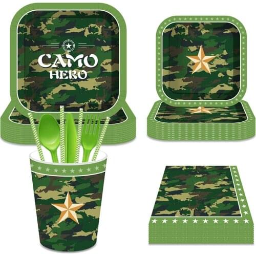 8 Guest Cosplay Camping Army Camouflage Military Officers and Soldiers Birthday Party Disposable Tableware Sets Plates Cups