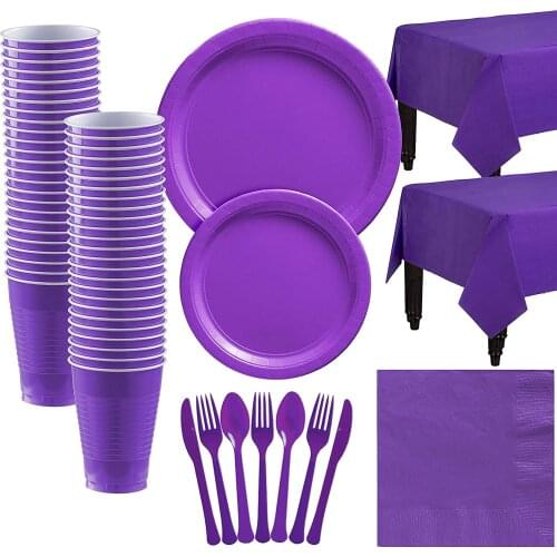 Pure Purple Party Set Disposable Plastic Plate Cup Party Tableware Birthday Party Decoration Baby Shower Christmas Wedding Party