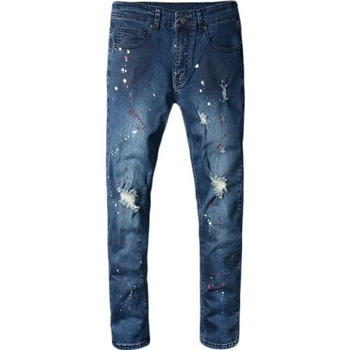 New mens male trousers Spring fashion casual creative print jeans for men youth Korean style trendy slim pants 135