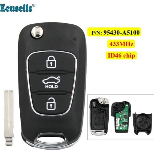 Upgraded 3 buttons Flip Remote Key Fob 433MHz with ID46 chip for Hyundai New I30 2013-2017 P/N: 95430-A5100 RKE-4F04 uncut
