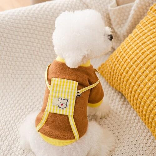 Pet Clothes For Small Dog Cat Autumn and winter pasted cloth embroidered checkered bear backpack sweater cat two legged jacket
