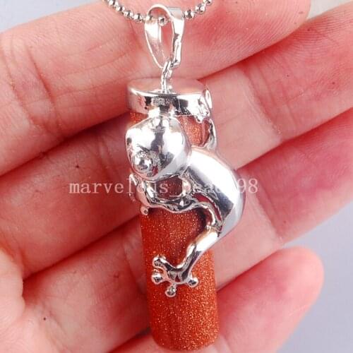 Free Shipping Beautiful jewelry 15x41mm Goldstone Frog amplected column Pendant Necklace with Chain MC3875