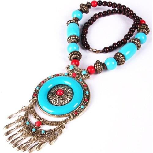 Ethnic Style Vintage Wooden Bead Necklace, Nepalese Style, Handmade and Creative Pendant Jewelry,Sweater necklace For womens