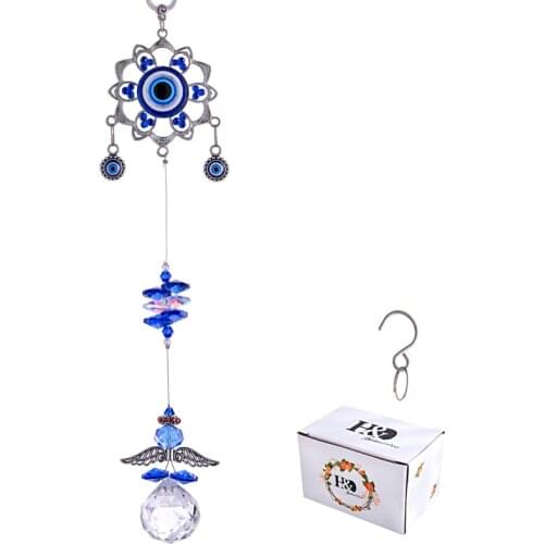 H&D Hanging Crystal Angel Suncatcher Blue Evil Eye Protection and Good Luck Charm Chandelier Lamps Pendant Home Window Ornament