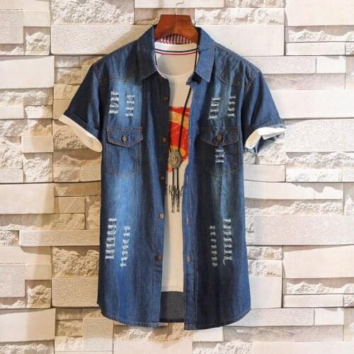 2021 Summer New Ripped Denim Short-sleeved Shirt Mens Korean Slim Half Sleeve Trendy Inch Shirt Male Brand Cowboy Casual Top