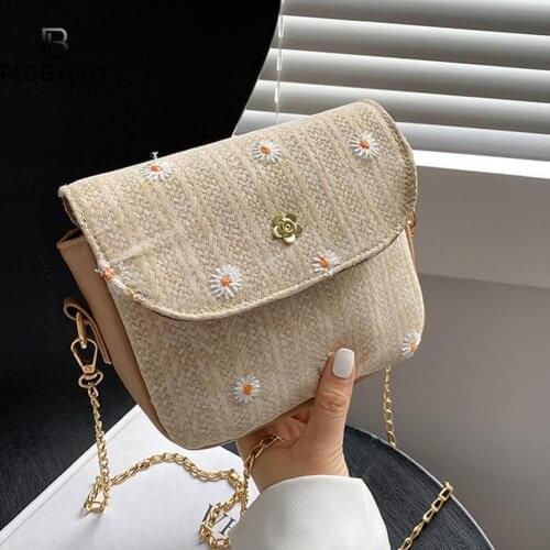 Summer Handbag Women Tote Vintage Woven Retro Daisy Flower Woven Messenger Bag Ladies Beach Chain Small Handbags