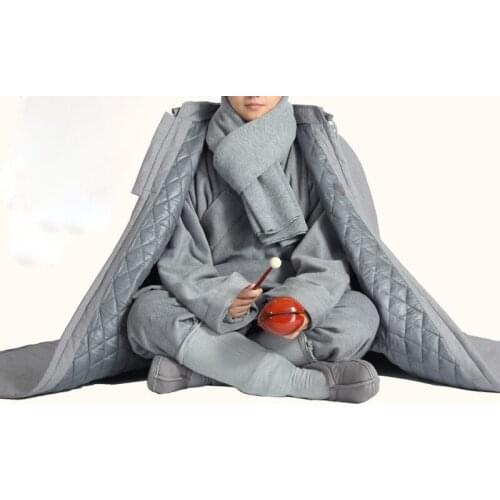 Unisex cotton winter warm shaolin monk cape kung fu suits robe zen lay meditation cloak buddhist buddha prayer coat coffee/gray