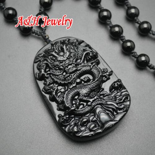 High Quality Natural Black Obsidian Carved Chinese Dragon Pendant Necklace 18~24'' Adjustable Chain Jewelry