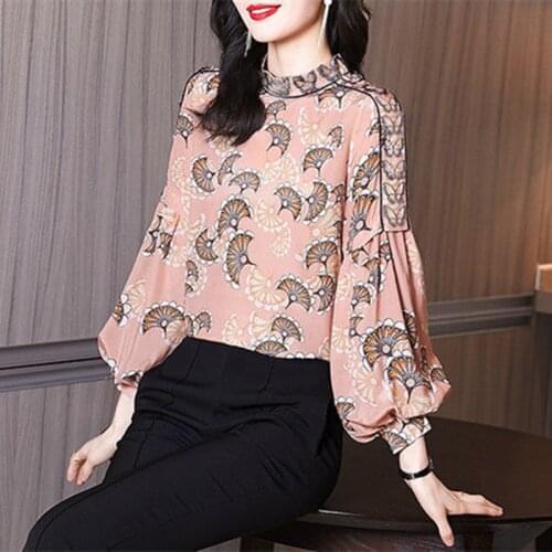 Spring Autumn Style Women High-End Temperament Blouses Lady Casual Pink Print Lantern Sleeve Blusas Tops DM0053