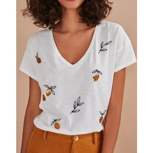 Sequins Embroidery T Shirt Women Summer Short Sleeve V neck Chic Casual Shirts Vintage Floral Tees Tops 2021