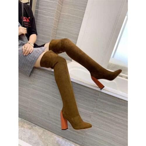 Chaussures femme black Tan leather thigh high chunky heel womens boots over the knee Stretch long slim botines winter 2021