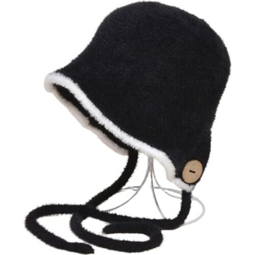 Women Winter Fuzzy Plush Bucket Hat with Chin Strap Solid Color Wide Brim Sunscreen Round Top Warm Earflap Fisherman Cap