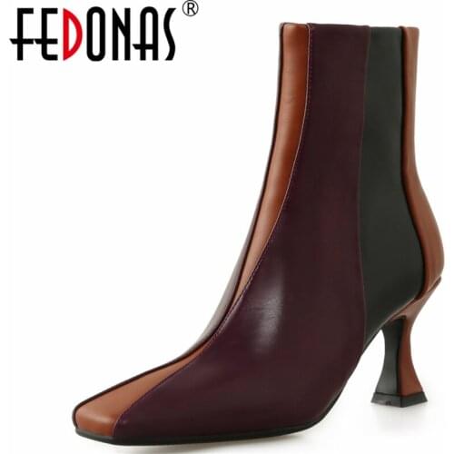 FEDONAS Mixed Colors Genuine Leather Basic Women Ankle Boots Square Toe High Heels Mature Office Party Autumn Winter Shoes Woman