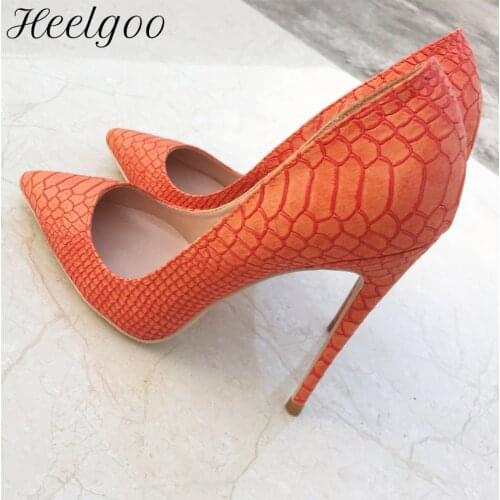 Heelgoo Orange Crocodile Effect Women Sexy Pointed toe High Heel Shoes Designer Stiletto Pumps Plus Size 44 45 Colors Customize