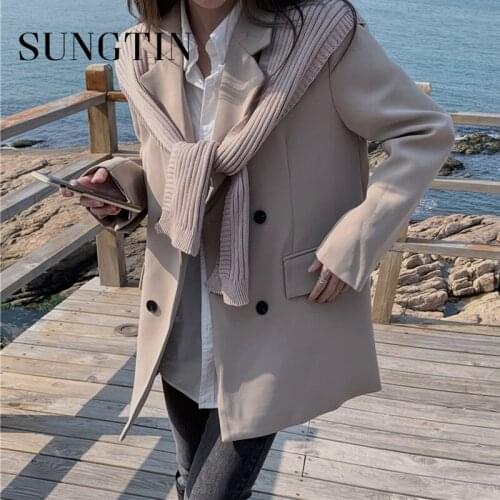 Sungtin Vintage Office Lady Blazer Women Korean Loose Elegant Blazer Coats Solid Double Breasted Casual Jacket Suit OL Chic 2021