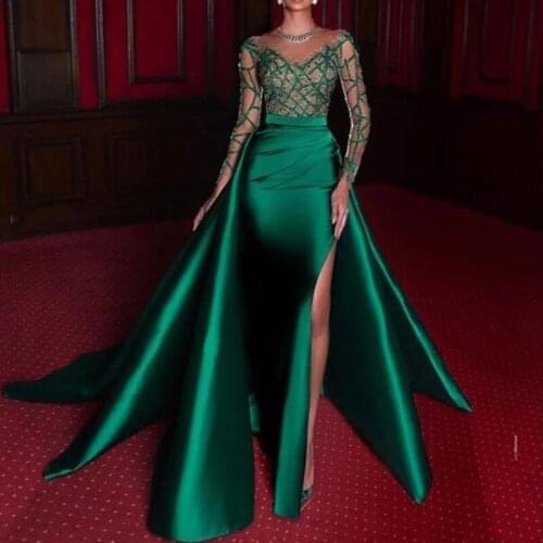 Women Long Satin High Slit Prom Party Dresses Trumpet Court Train Sequined Formal Evening Dress 2021 Full Sleeves Green Gowns