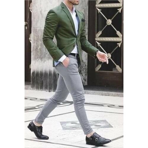2019 Casual Mens Slim Fit Suits Green Jacket With White Pants Men Skinny Prom Suits Costume Homme Wedding Suits