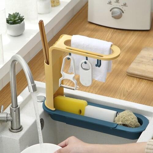 2021 Creative Sink Telescopic Drain Rack 2-layer Large Capacity 4 Hooks Hollow at the Bottom for Draining Tool