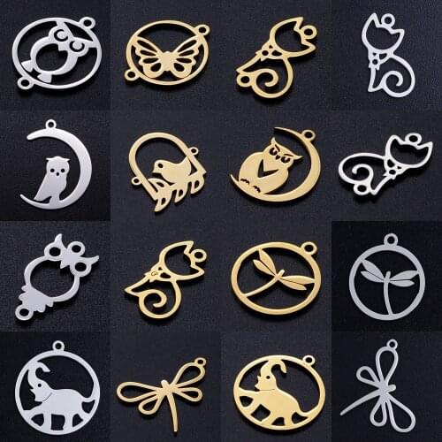 5pcs/lot diy cute kitty cat bird stainless steel charm pendant wholesale night owl dragonfly jewelry bracelet connector charms