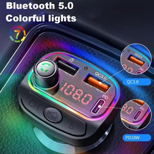 Konrisa Car FM Transmitter Bluetooth 5.0 Hands-free Call QC3.0+PD18W Fast Charging Colorful lights U Disk Player Car Modulator