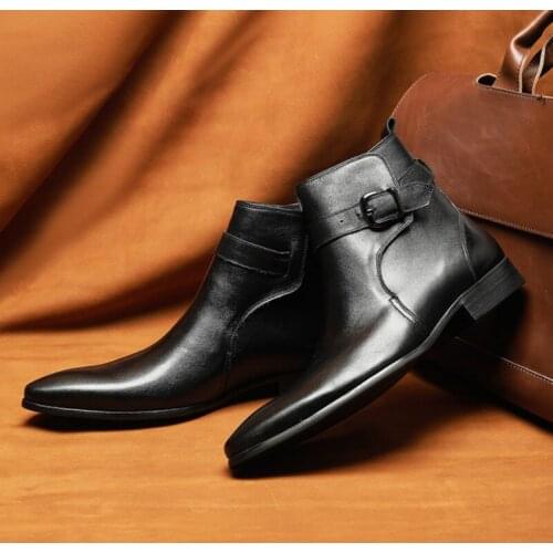 New Handmade Men Ankle Boots Luxury Genuine Leather Mens Motorcycle Boots Black Brown Buckle Strap High Top Dress Shoes for Men