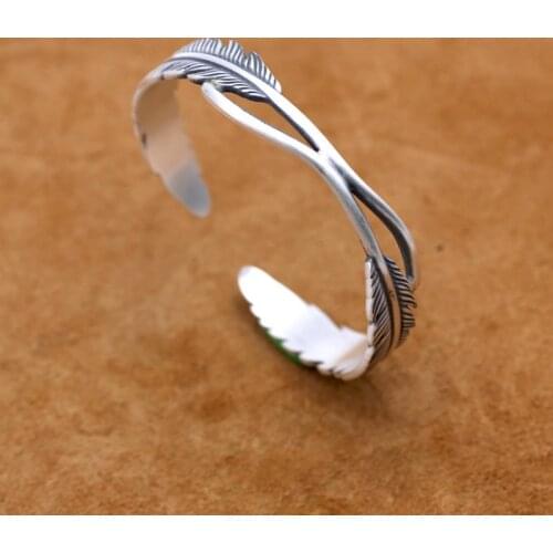 925 Sterling Silver men WOMEN mom gift feather bracelet bangle cuff JEWELRY A4703