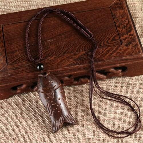 Ethnic style handmade wood carving wood fish long retro sweater chain cotton and linen ornaments pendant necklace wholesale
