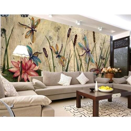 Personalized Dragonfly Lotus Mural Wallpapers Eurpoean Vintage Large Photo Murals Oil Painting Print Decal Wall Art Wall Paper