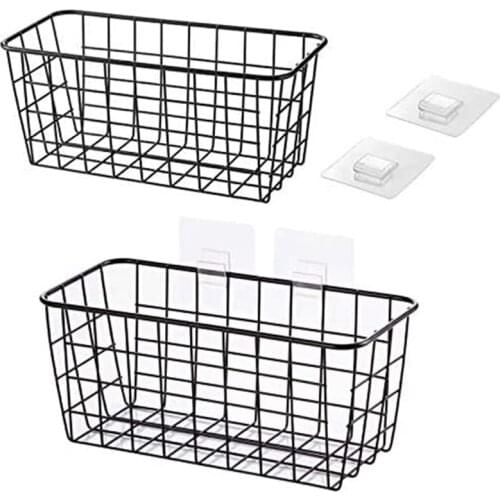 Adhesive Sturdy Storage Baskets with Kitchen Food Pantry Bathroom Shelf Storage No Drilling Wall Mounted,2 PACK,Black