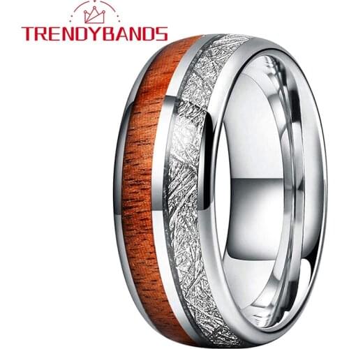 Tungsten Carbide Ring Men Women Wedding Band Domed With Wood And Meteorite Inlay Comfort Fit