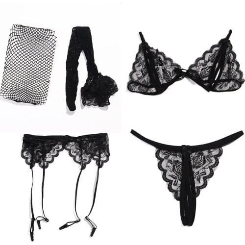 4pcs/set Sexy Exotic Underwear Lingerie Set Women Lace Bralette Bra With G-string And Garter with Stocking Charming Lingerie Set