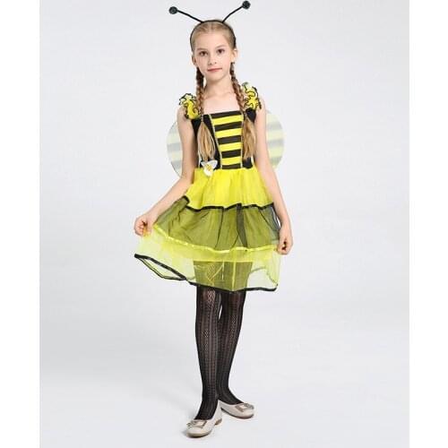 3 Pcs Fairy Bee Dress+Wings+Headress Kids Children Bee Costumes for Girls Halloween Carnival Christmas Party Cosplay Costume