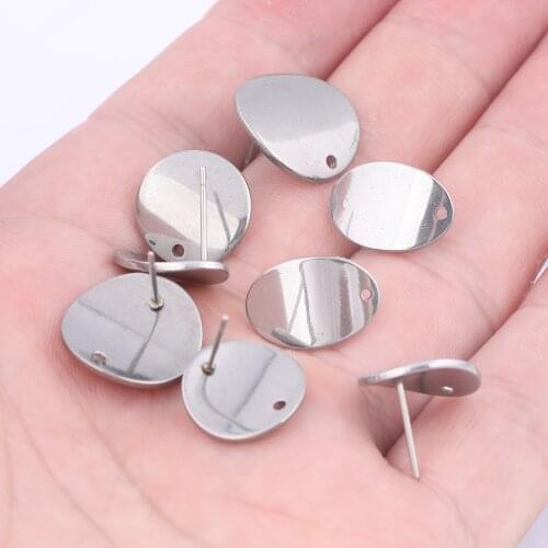 10pcs Stainless Steel Oval Round Stud Earring Posts With Hole Diy Ear Connector Findings For Jewelry Making Supplies