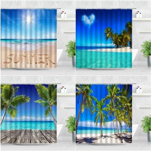 Summer Ocean Scenery Shower Curtains Sunlight Coconut Trees Beach Wood Board Printing Waterproof Bathroom Decor Bath Curtain Set